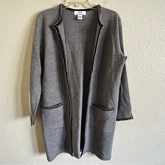 Magaschoni Gray OpenFront Long Cardigan‎ Sweater Duster BlackTrim L Measurements - Picture 4 of 5